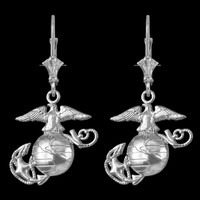 14K White Gold US Marine Corps Leverback Earrings