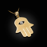 Yellow Gold Hamsa Clear CZ Evil Eye Pendant Necklace