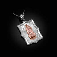 Two-Tone White & Rose Gold  Virgin Mary DC Pendant Necklace