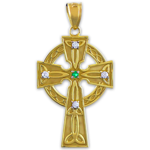 Gold Celtic Trinity Diamond Cross Pendant with Emerald