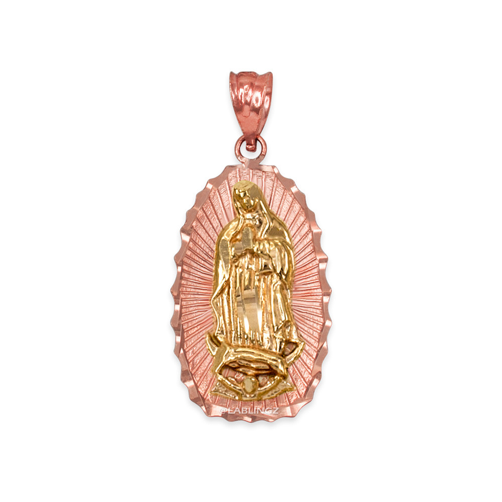 Two-Tone Rose & Yellow Gold Our Lady Of Guadalupe Diamond Cut Religious  Oval Pendant Necklace