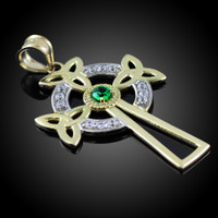 Two-Tone Gold Celtic Cross Trinity Knot Diamond Pendant with Emerald