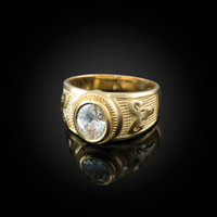 Yellow Gold Aries Zodiac Sign April Birthstone Clear CZ Ring