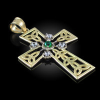 Gold Celtic Cross Trinity Knot Diamond Pendant with Emerald