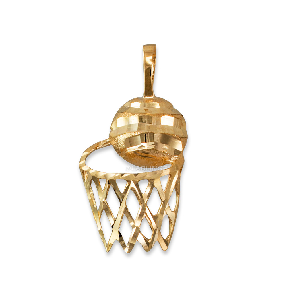 Yellow Gold Basketball Hoop Diamond Cut Sports Pendant Necklace