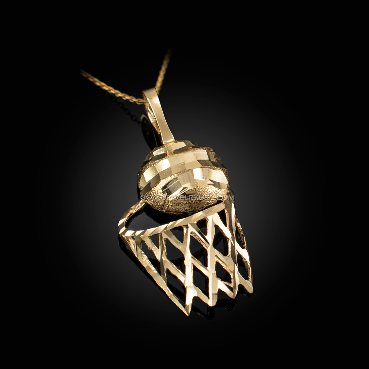 Yellow Gold Basketball Hoop Diamond Cut Sports Pendant Necklace