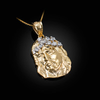Yellow Gold Jesus Face CZ Charm Necklace