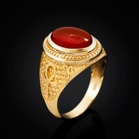 Yellow Gold Egyptian Ankh Cross Red Onyx Statement Ring