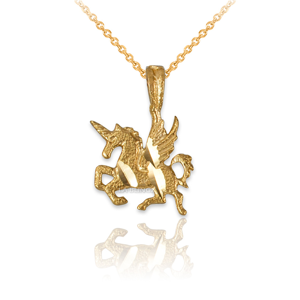 Yellow Gold Tiny Flying Unicorn DC Charm Necklace