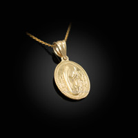 Yellow Gold Praying Virgin Mary Medallion Charm Necklace