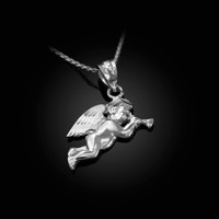 Polished White Gold Trumpeting Angel DC Charm Necklace