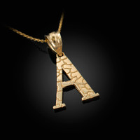 Yellow Gold Nugget Initial Letter "A" Pendant Necklace