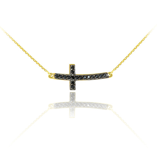 14K Gold Sideways Black Diamond Cute Curved Cross Necklace