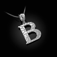 White Gold Nugget Initial Letter "B" Pendant Necklace