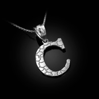 White Gold Nugget Initial Letter "C" Pendant Necklace
