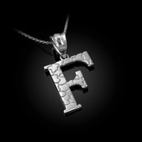 White Gold Nugget Initial Letter "F" Pendant Necklace
