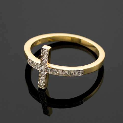 Lateral Cross Rings Gold Diamond Pave Sideways Cross Ring