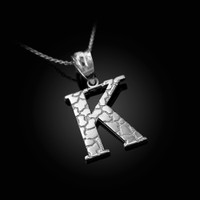 White Gold Nugget Initial Letter "K" Pendant Necklace
