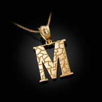 Yellow Gold Nugget Initial Letter "M" Pendant Necklace