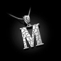 White Gold Nugget Initial Letter "M" Pendant Necklace