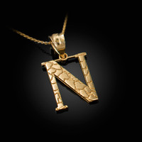 Yellow Gold Nugget Initial Letter "N" Pendant Necklace
