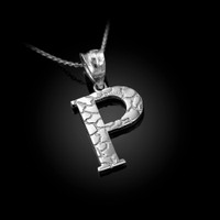 White Gold Nugget Initial Letter "P" Pendant Necklace