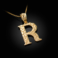 Yellow Gold Nugget Initial Letter "R" Pendant Necklace