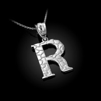 White Gold Nugget Initial Letter "R" Pendant Necklace