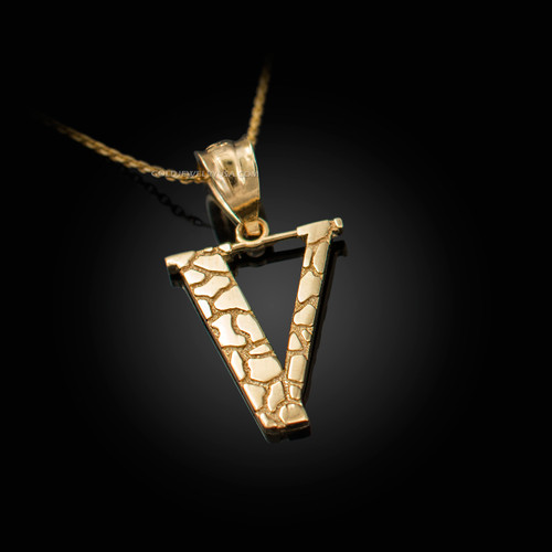 Yellow Gold Nugget Initial Letter V Pendant Necklace