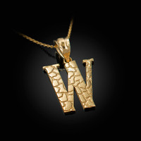 Yellow Gold Nugget Initial Letter "W" Pendant Necklace
