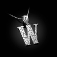 White Gold Nugget Initial Letter "W" Pendant Necklace