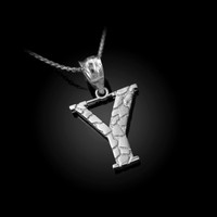 White Gold Nugget Initial Letter "Y" Pendant Necklace