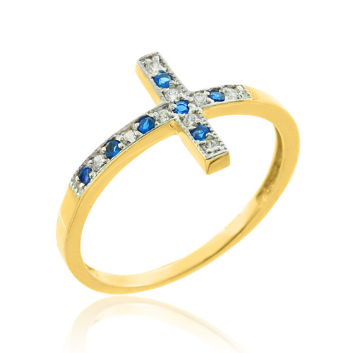 Gold Diamond Sideways Cross Ring with Sapphire