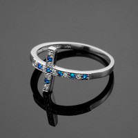 White Gold Diamond Sideways Cross Ring with Sapphire