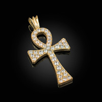 Yellow Gold Egyptian Ankh Cross CZ Pendant