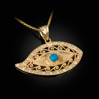 Yellow Gold Evil Eye Diamond Turquoise Filigree Pendant Necklace