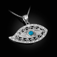 White Gold Evil Eye Diamond Turquoise Filigree Pendant Necklace