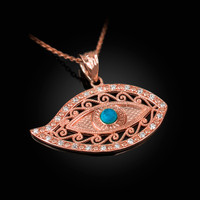 Rose Gold Evil Eye Diamond Turquoise Filigree Pendant Necklace