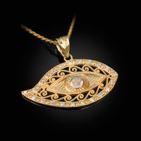 Yellow Gold Evil Eye Diamond White Opal Filigree Pendant Necklace
