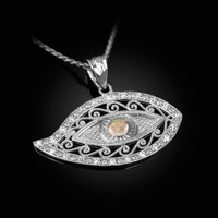 White Gold Evil Eye Diamond White Opal Filigree Pendant Necklace