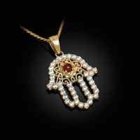 Diamond Studded Gold Filigree Genuine Garnet Hamsa Charm Necklace