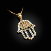 Diamond Studded Gold Filigree White Opal Hamsa Charm Necklace