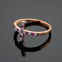 Rose Gold Diamond Sideways Cross Ring with Rubies