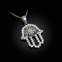 Diamond Studded White Gold Filigree White Opal Hamsa Charm Necklace
