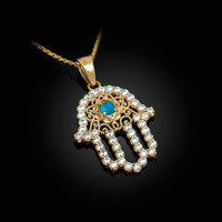 Diamond Studded Gold Filigree Turquoise Hamsa Charm Necklace