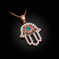 Diamond Studded Rose Gold Filigree Hamsa Turquoise Charm Necklace