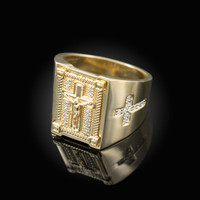 Solid Yellow Gold Diamond Cross Boxed Crucifix Mens Statement Ring