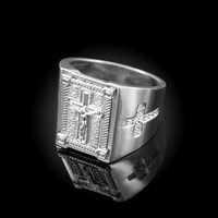 Solid White Gold Diamond Cross Boxed Crucifix Mens Statement Ring