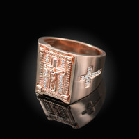 Solid Rose Gold Diamond Cross Boxed Crucifix Mens Statement Ring
