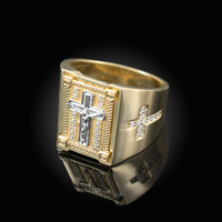 Solid Yellow Gold Diamond Cross Boxed White Crucifix Mens Statement Ring